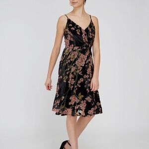 NEW! Dex Black Velvet Midi Dress with Pink Floral Burnout